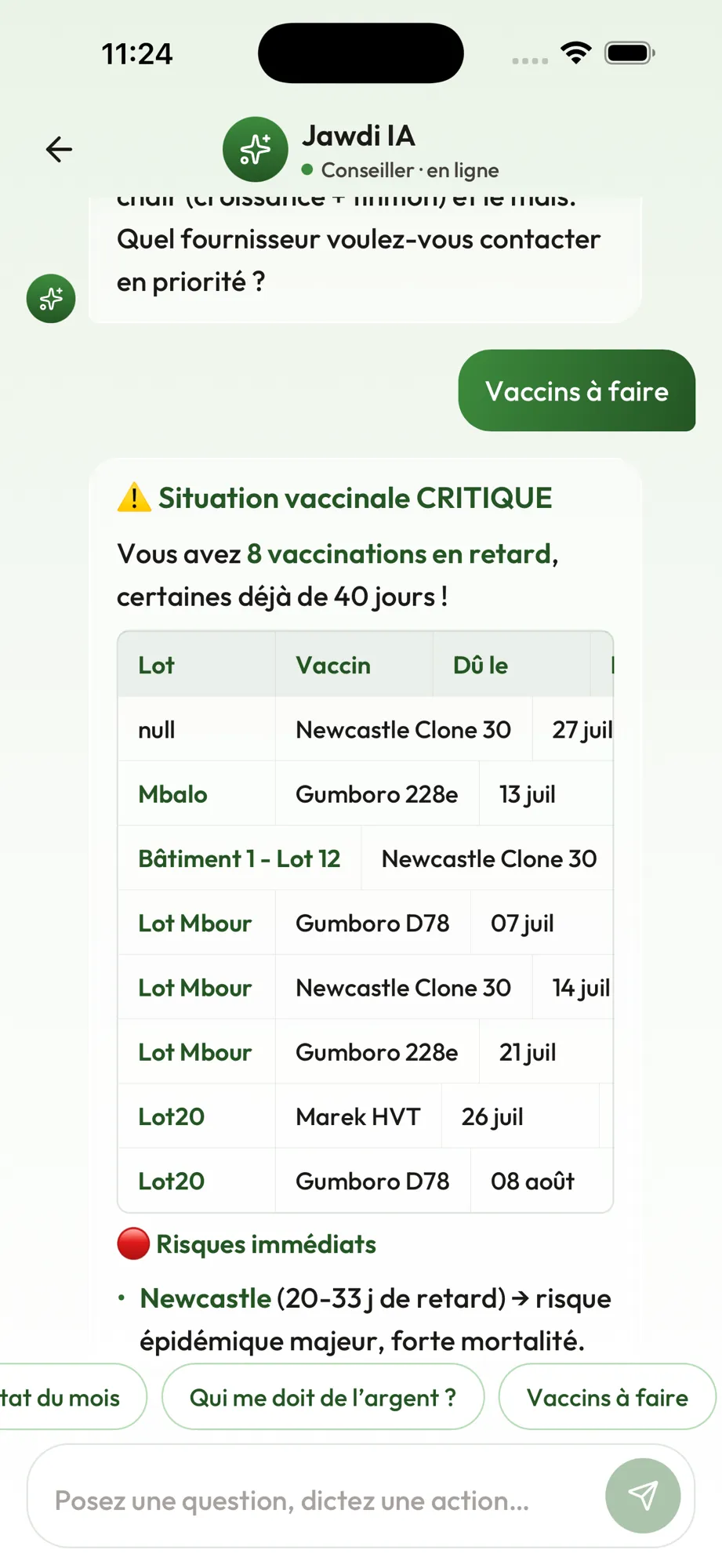 Jawdi IA liste les vaccinations en retard dans un tableau sur mobile