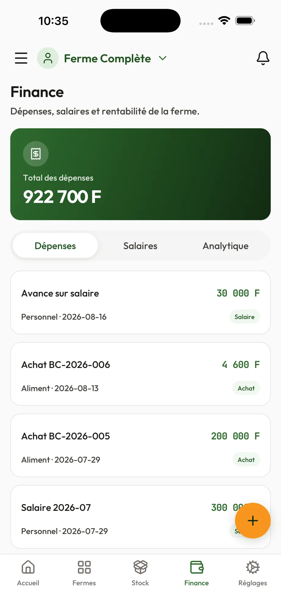 Suivi des dépenses de la ferme sur mobile