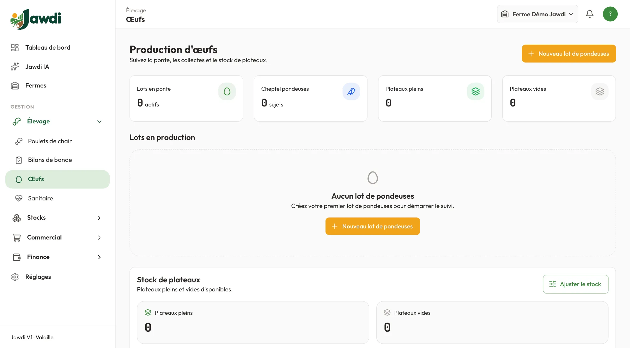 Écran « Chair et pondeuses, deux métiers, une app. » dans Jawdi